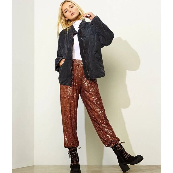 Free People Morelia Sequin Jogger Pants Bronze Women's Size XS NWT BOHO GLAM - Picture 1 of 9